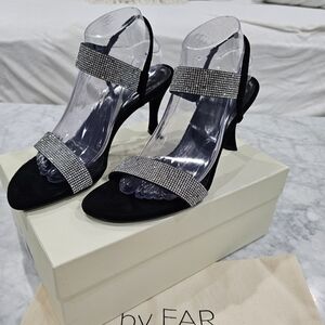 NIB BY FAR Black Suede and Crystal‎ Strappy Slingback Heels EU 40